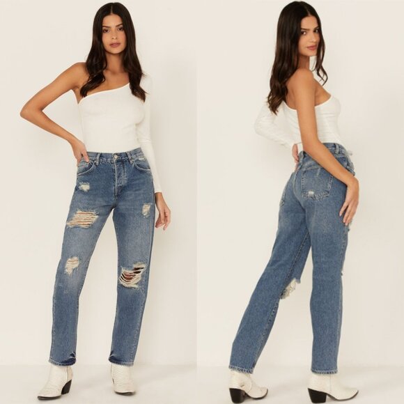 Free People We the Free Bren Boyfriend Jean Distressed High Rise Button Fly 24 - Picture 1 of 11